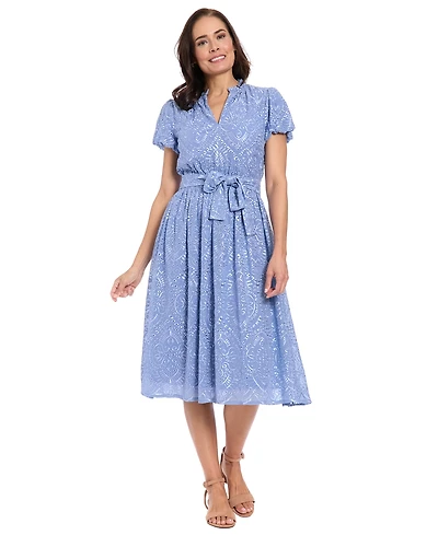 London Times Petite Ruffle Neck Bubble-Sleeve Elastic Waist Midi Dress