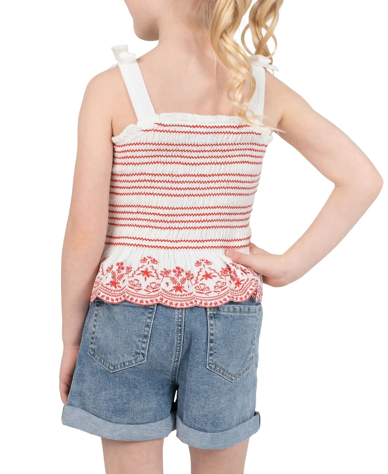 Rare Editions Girls' 2T-6X Smocked Ruffle Tank with Embroidery and Denim Shorts, 2-Piece Set