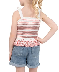 Rare Editions Girls' 2T-6X Smocked Ruffle Tank with Embroidery and Denim Shorts, 2-Piece Set
