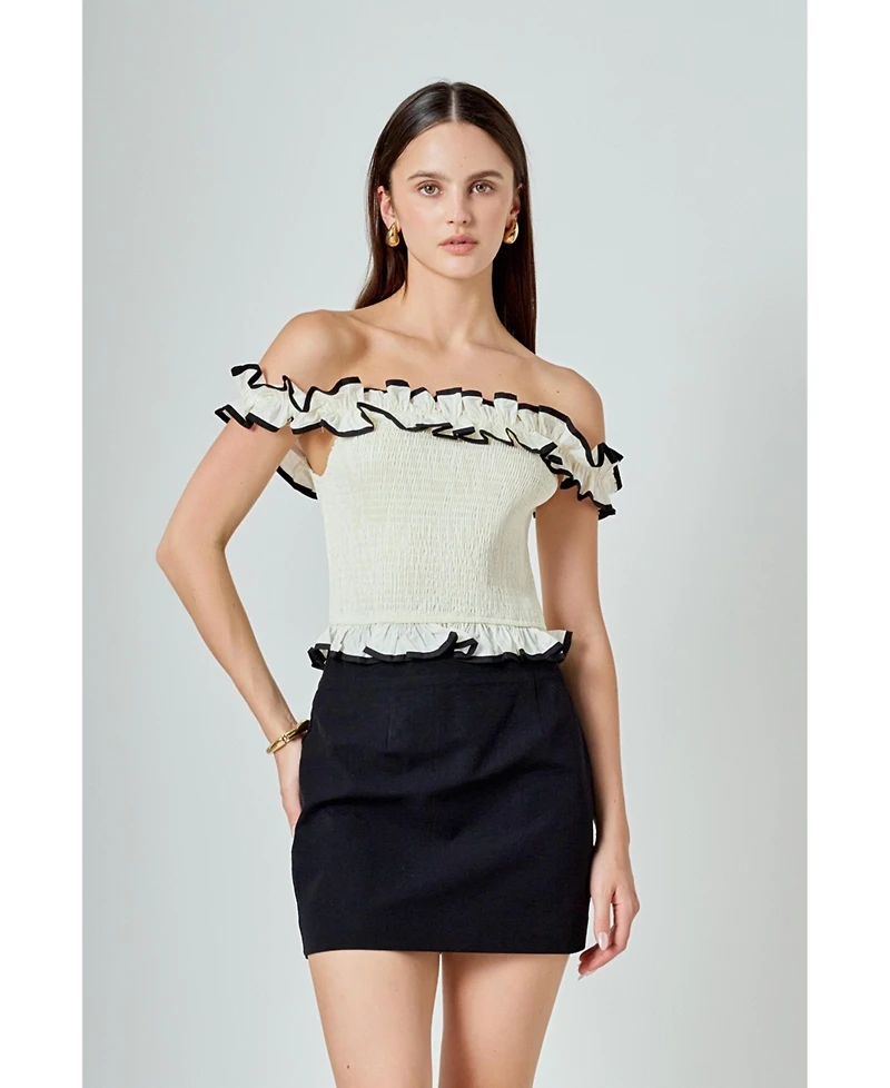endless rose Women's Off the Shoulder Ruffle Smocked Top