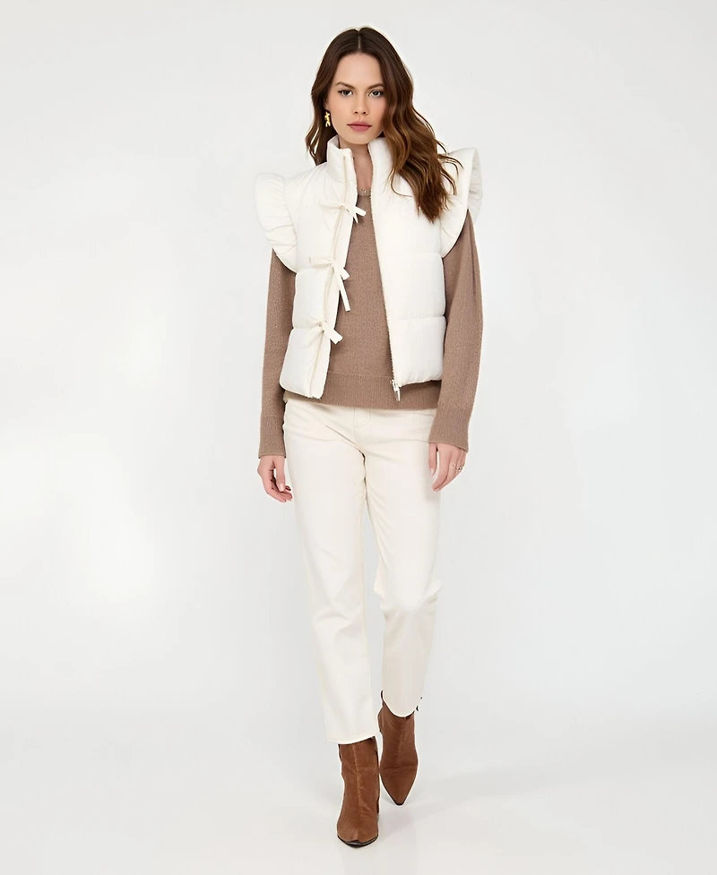 Modenaire Women's Lea Ruffle Shoulder Tie-Front Puffer Vest