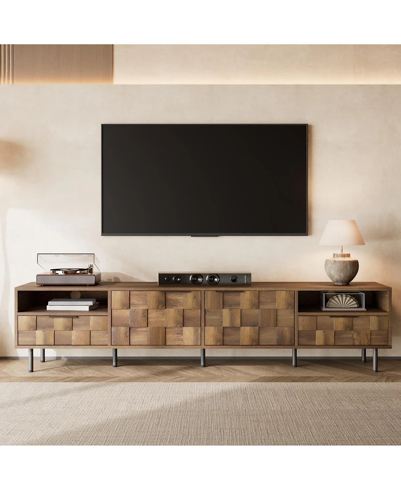 Rainsken Mid-Century Modern Tv Stand for TVs, Media Console Table with 2 Drawers, 4 Storage Compartments for Living Room