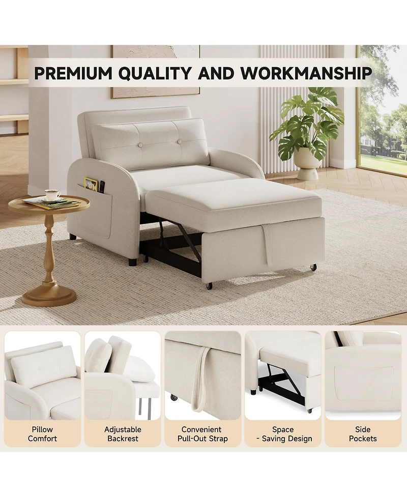 Rainsken Folding Convertible Sleeper Couch, Breathable Cotton Linen Sofa Bed with Back Pillow and Storage Side Pocket for Living Room