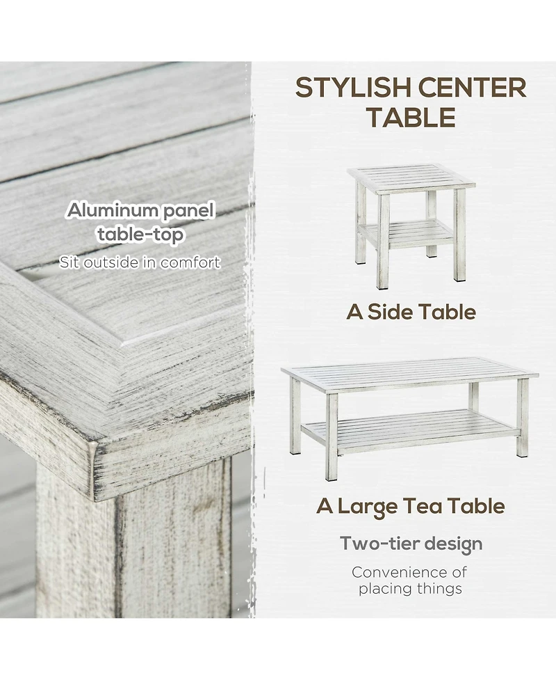 Outsunny 5-Piece Outdoor Pe Rattan Wicker Patio Furniture Set, Cushions, 1 Loveseat, 2 Armchairs, 1 Faux Wood Slat Two-Tier Center Coffee Table, 1 Two