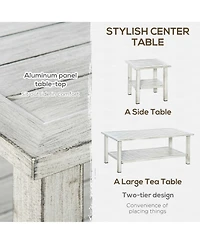 Outsunny 5-Piece Outdoor Pe Rattan Wicker Patio Furniture Set, Cushions, 1 Loveseat, 2 Armchairs, 1 Faux Wood Slat Two-Tier Center Coffee Table, 1 Two