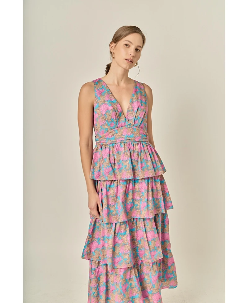 English Factory Women's Deep V-neck Tiered Maxi Dress