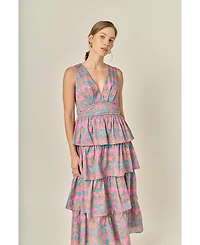 English Factory Women's Deep V-neck Tiered Maxi Dress