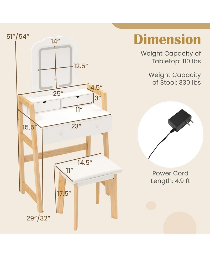 Sugift Adjustable Height Vanity Desk Set with 3-Color Led Lighted Mirror and Drawers