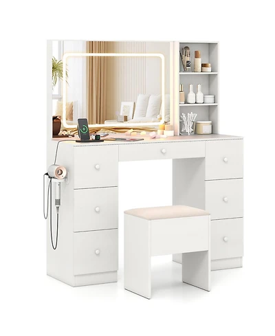 Sugift Vanity Desk with Mirror and Lights Makeup Dressing Table Vanity Table and Stool Set
