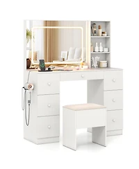 Sugift Vanity Desk with Mirror and Lights Makeup Dressing Table Vanity Table and Stool Set