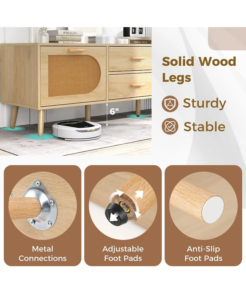 Sugift Rattan Tv Stand for 65-Inch Tv with Drawers and Solid Wood Legs