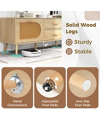 Sugift Rattan Tv Stand for 65-Inch Tv with Drawers and Solid Wood Legs