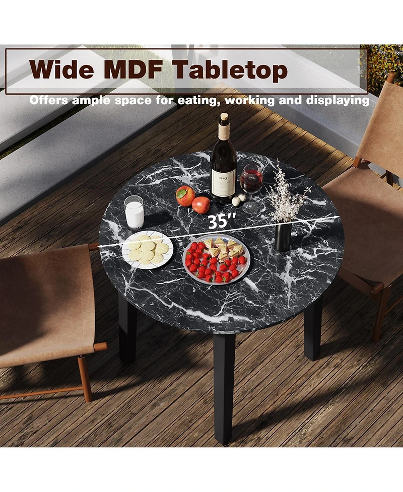 Gouun 35 in Round Dining Table with Rubber Wood Legs and Marble-Textured Top