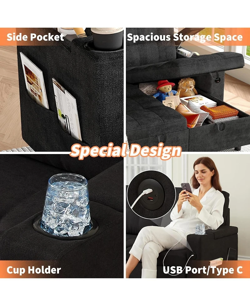 gaomon Couches for Living Room Shaped Sectional Sleeper Sofa with Pull Out Bed, Comfy Bed Charging Ports and Storage Armrests