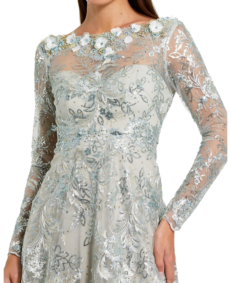 Mac Duggal Women's Floral Embroidered Long Sleeve Midi Dress