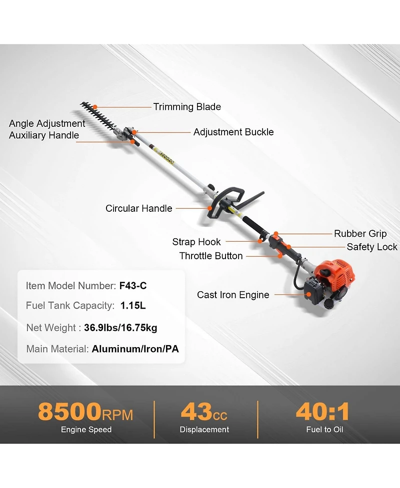 Sugift 43CC 6-in-1 Multi-Functional Trimming Tools, Gas Hedge Trimmer, Weed Eater and More
