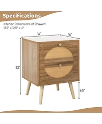 Sugift Set of 2 Rattan Nightstand with 2 Drawers and Solid Wood Legs