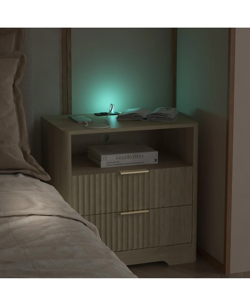Rainsken Nightstand with Charging Stations and Night Light, 2-Drawer Bedside Table with Open Storage Shelf for Bedroom, Living Room