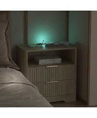 Rainsken Nightstand with Charging Stations and Night Light, 2-Drawer Bedside Table with Open Storage Shelf for Bedroom, Living Room