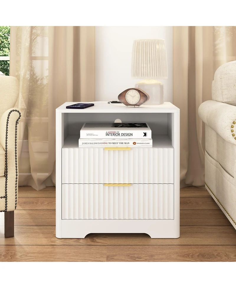 Rainsken Multi-Storage Nightstand with 2 Drawers, Open Shelf, Built-in Charging Station and Night Light for Bedroom and Living Room