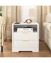 Rainsken Multi-Storage Nightstand with 2 Drawers, Open Shelf, Built-in Charging Station and Night Light for Bedroom and Living Room