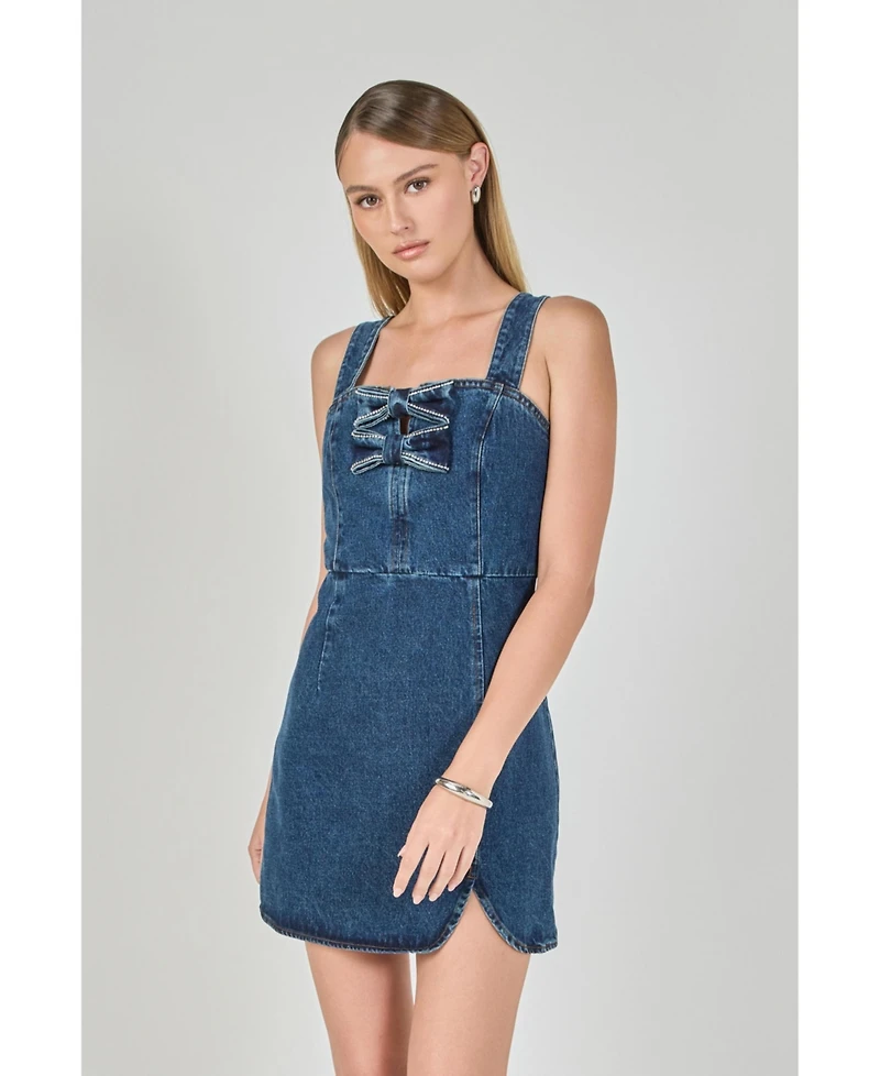 endless rose Women's Bow Trim Denim Mini Dress