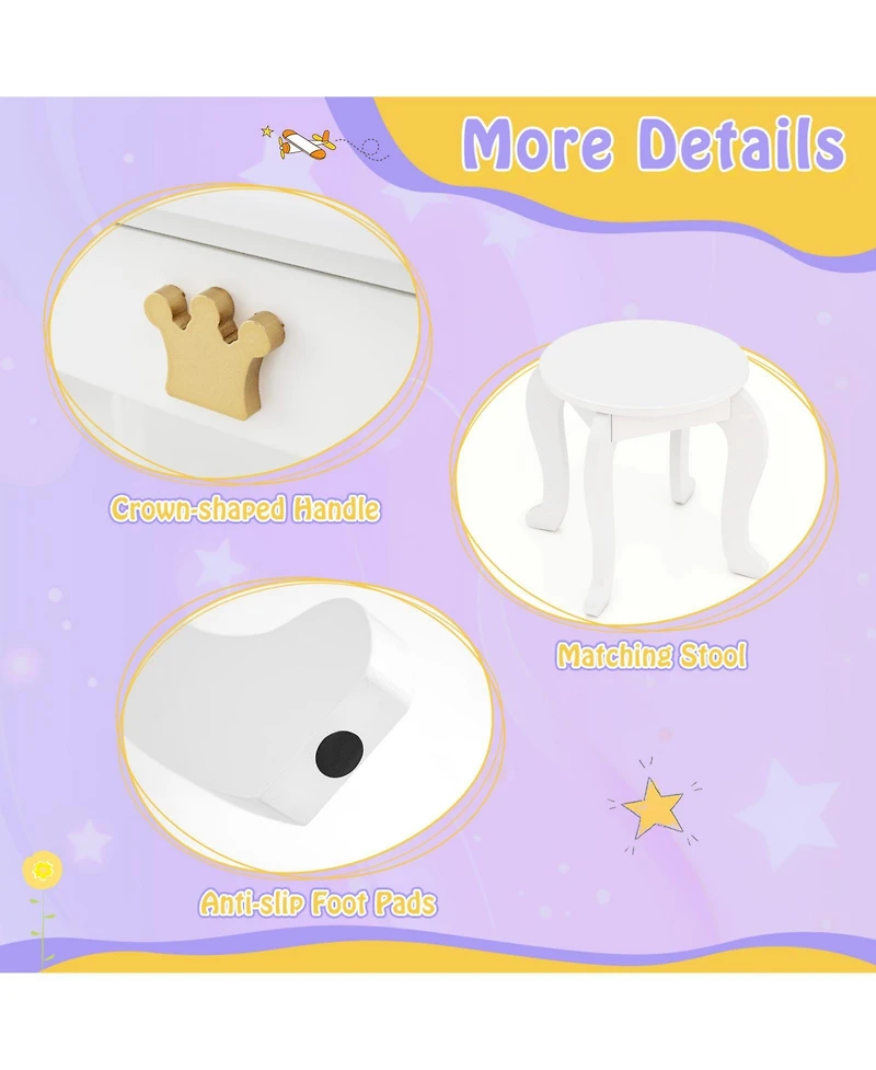 Sugift Kids Vanity Set with Tri-fold Lighted Mirror Detachable Top and Stool