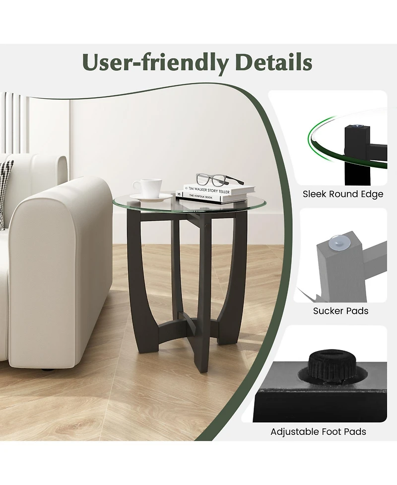 Sugift 23.5 Inch Round End Side Table with Tempered Glass Tabletop