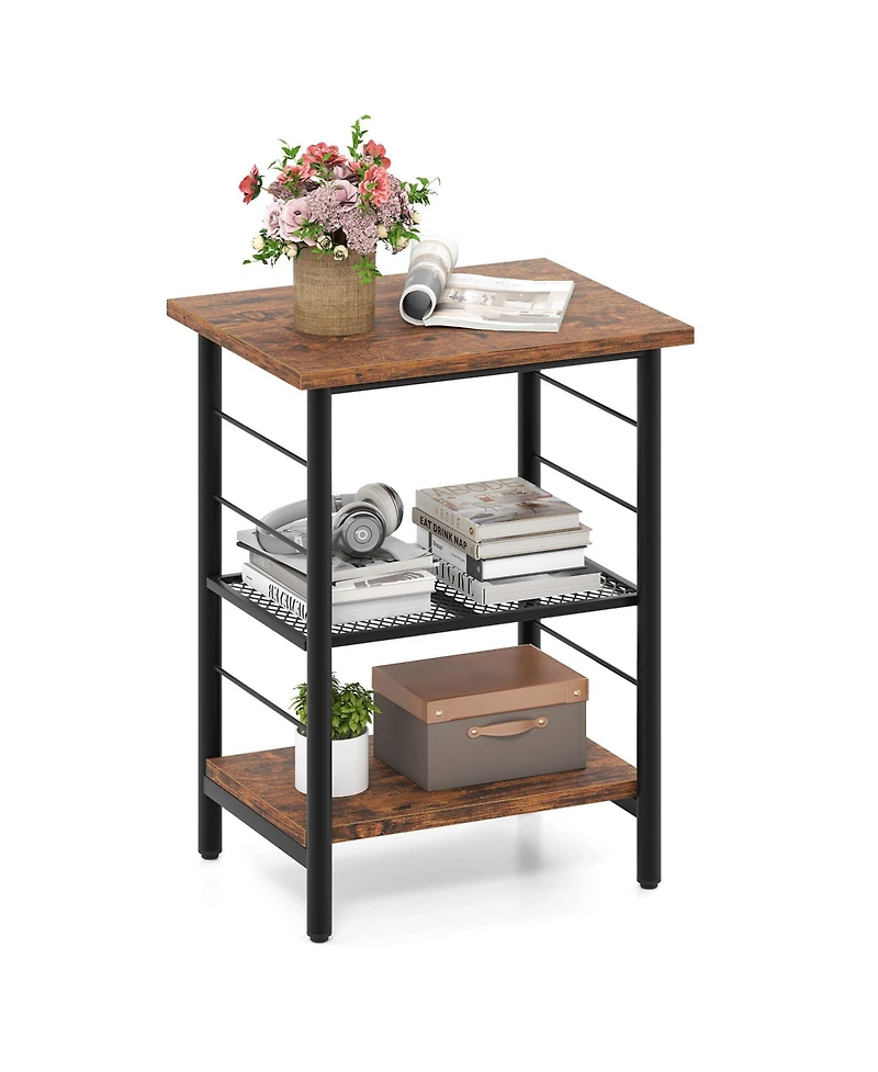 Sugift 3-Tier End Table Space-Saving Nightstand Industrial Bedside Table for Living Room Bedroom-Rustic