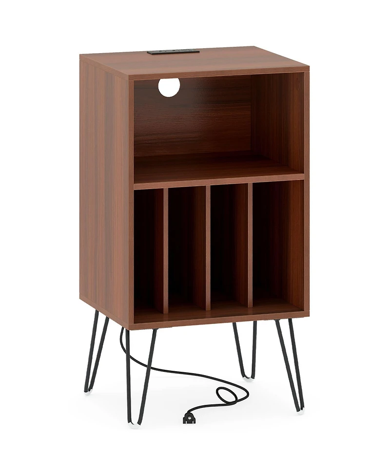 Sugift Record Player Stand with Charging Station Turntable Stand with Vinyl Storage-Walnut