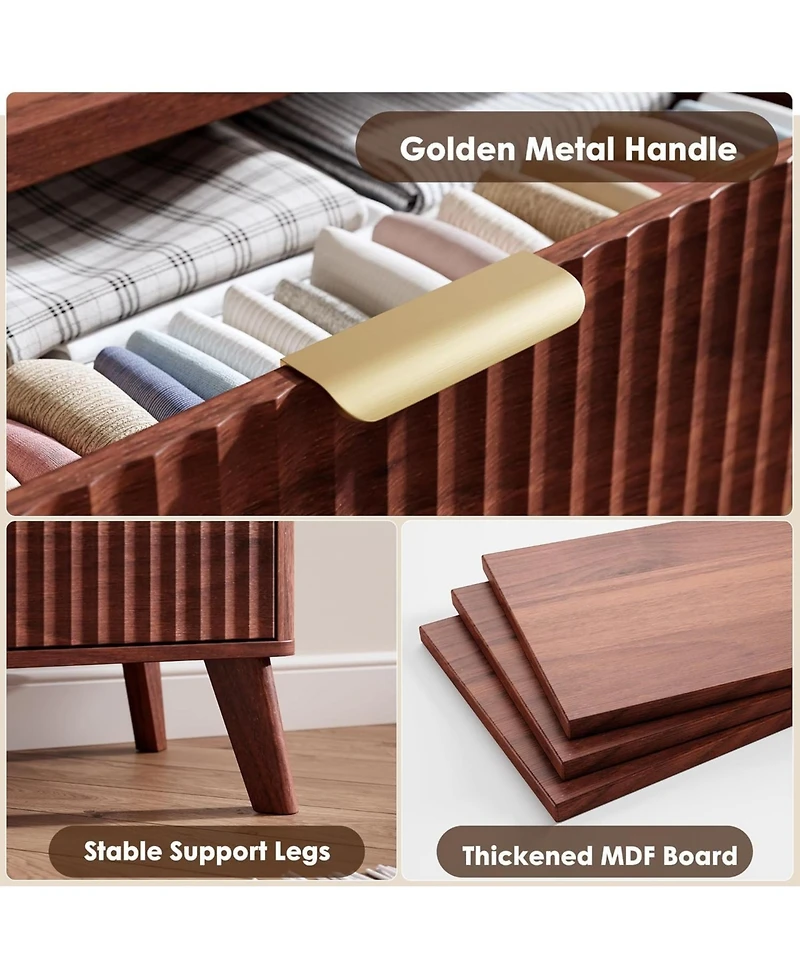 gaomon Walnut Modern Fluted 6-Drawer Dresser, Curved Profile with Handles for Bedroom