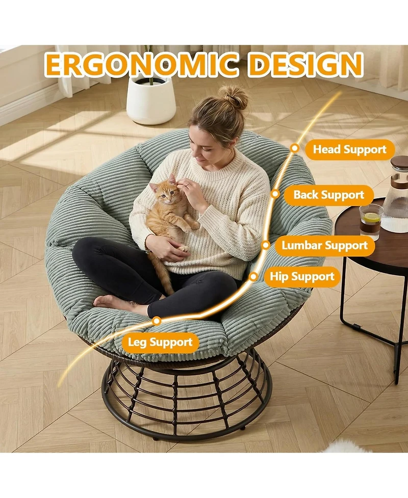 Rainsken 360degree(s) Swivel Rattan Lounge Chair, Wicker Papasan Seat with Plush Cushion, Sturdy Frame Holds Up to 300 Lbs for Bedroom and Balcony