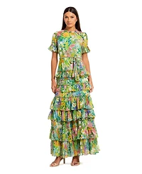 Mac Duggal Petite Green Ruffle Tiered Chiffon Floral Dress