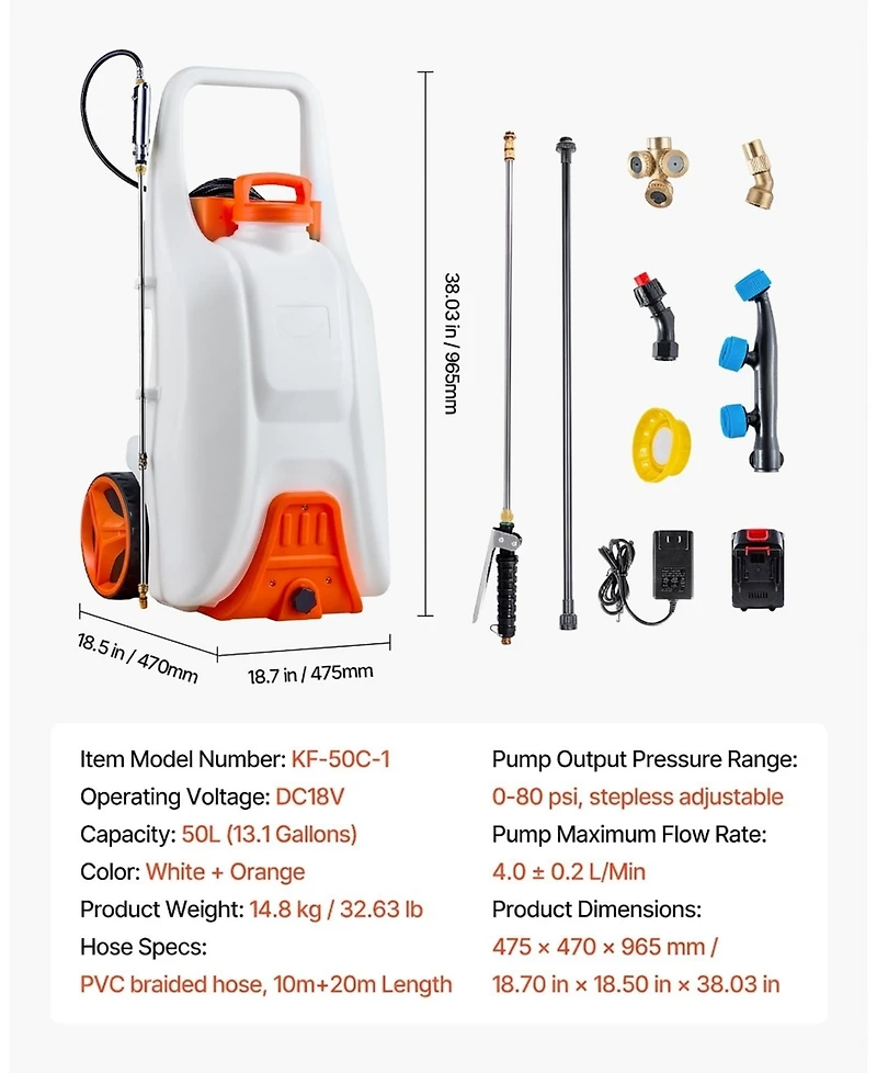 Sugift Battery-Powered Sprayer, 13.1 Gallons, Electric Weed Sprayer with Wheels