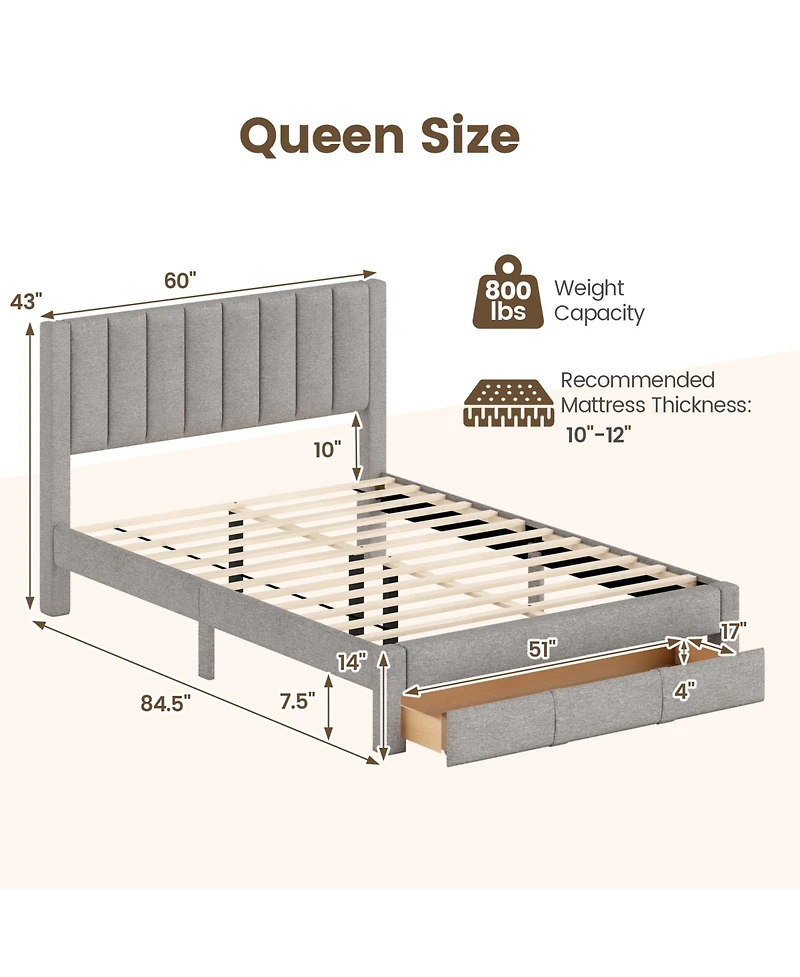 Sugift Queen Size Bed Frame with Storage Drawer and Vertical Channel Headboard