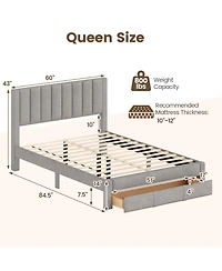 Sugift Queen Size Bed Frame with Storage Drawer and Vertical Channel Headboard