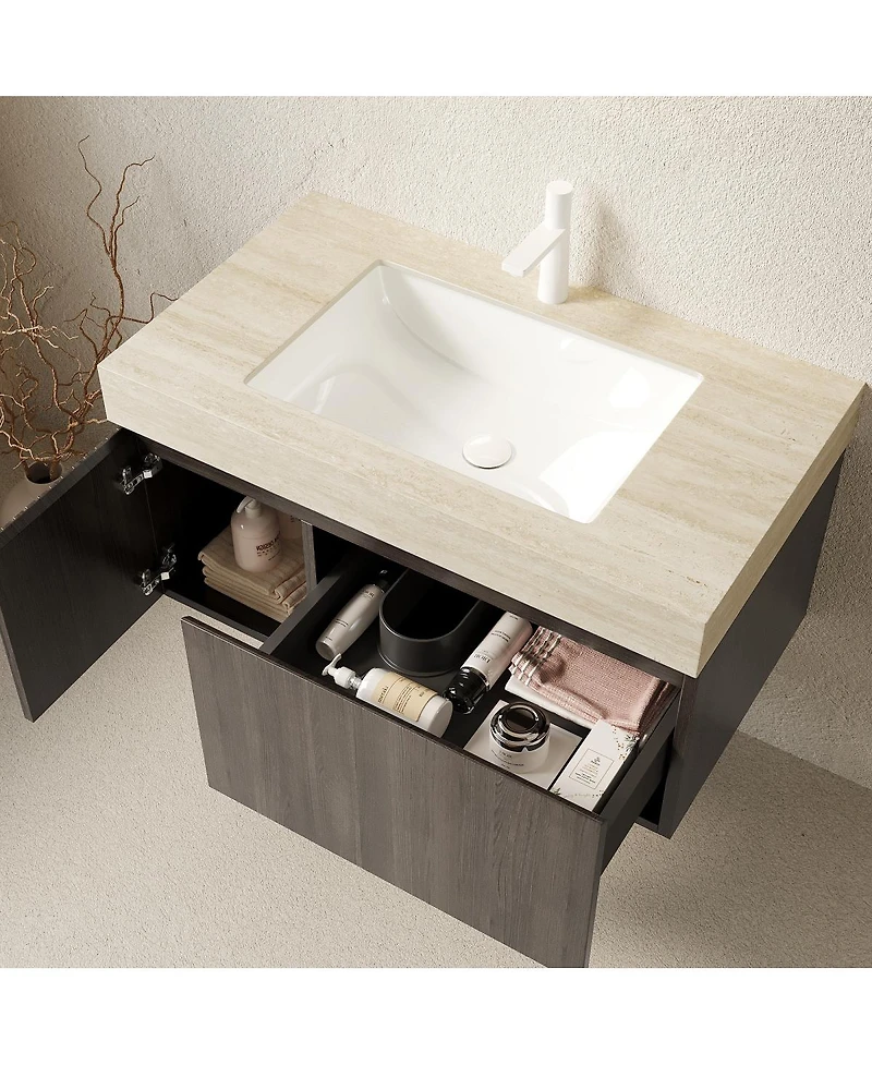 Sillysis Floating Bathroom Vanity with Roma Travertine Sintered Stone Top, Ceramic Sink, Soft Close Storage