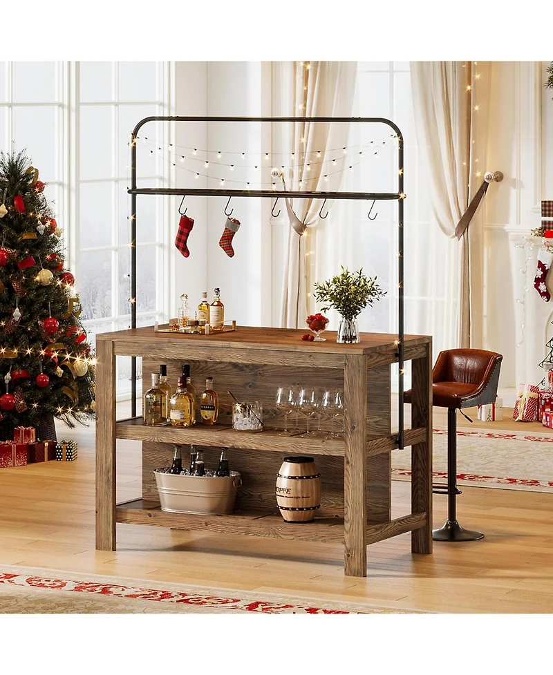 Tribesigns 3-Tier Solid Wood Bar Table, 47'' Industrial Home Bar Unit with Storage Shelves and Metal Rack with 5 hooks