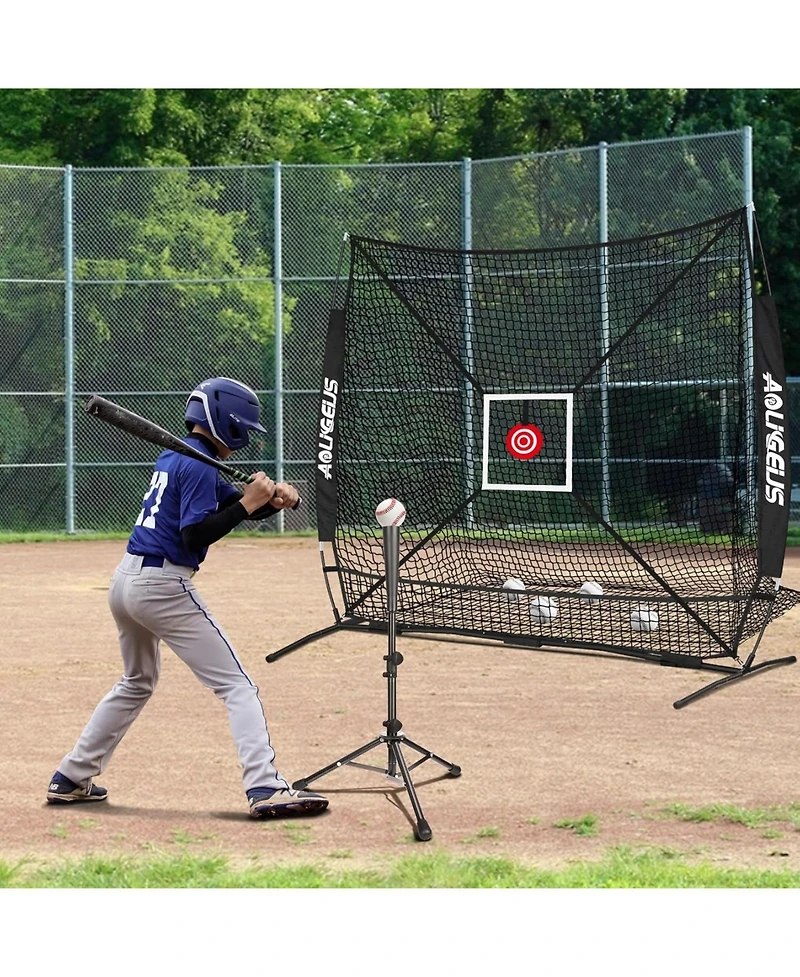 Aoligeijs Baseball Softball Practice Net with Batting Tee and Ball Caddy, Bonus Strike Zone Target and Bow Frame