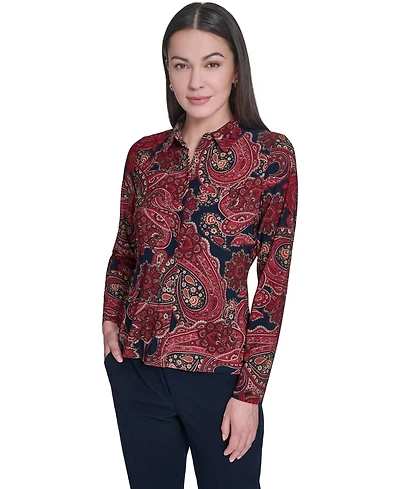 Tommy Hilfiger Women's Long-Sleeve Paisley Print Collared Top