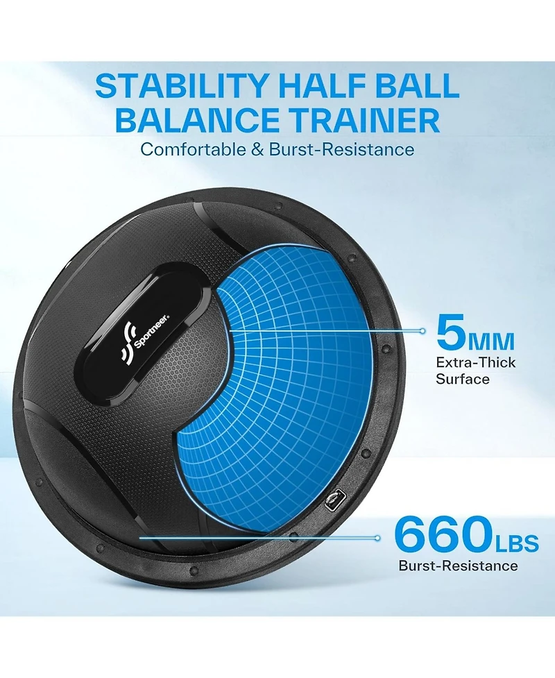 Sportneer Half Balance Ball Inflatable with Resistance Bands Pump Non Slip for Stability Core Physical Therapy Home Gym