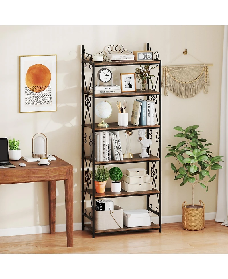 Gouun 6-Tier Industrial Bookshelf with Metal Frame and Anti-Tipping Kits, 27.5 x 14 x 71.5