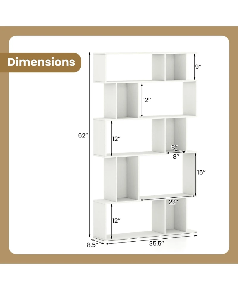 Gouun 5-Tier Geometric Bookshelf with Open and Closed-Back Cubes, 35.5 x 8.5 x 62