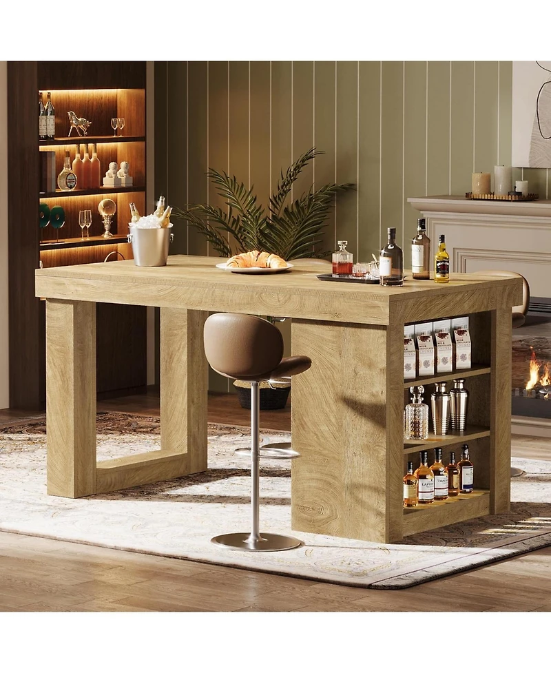 Tribesigns Wooden Farmhouse Bar Table, 55" Large Counter Height Table with Storage Shelves, Modern Home Bar Furniture