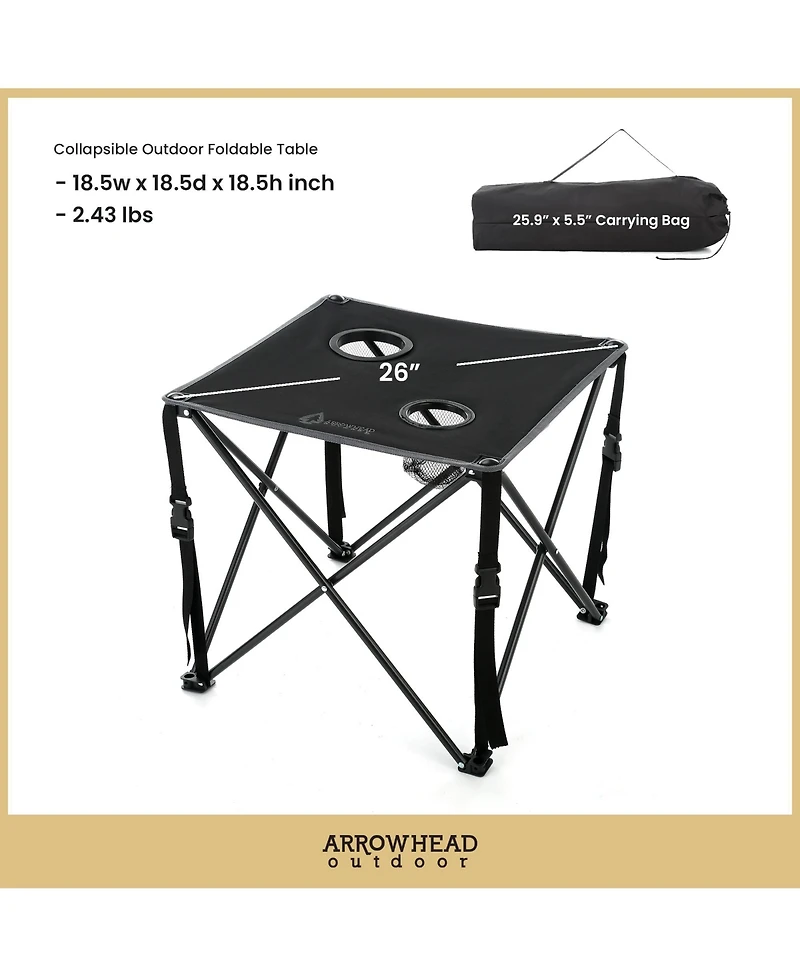 Arrowhead Outdoor 26" Heavy-Duty Portable Folding Camping Table, Square 600D Canvas Top, 2 Cup Holders, Steel Frame, Carry Bag, 2-Pack
