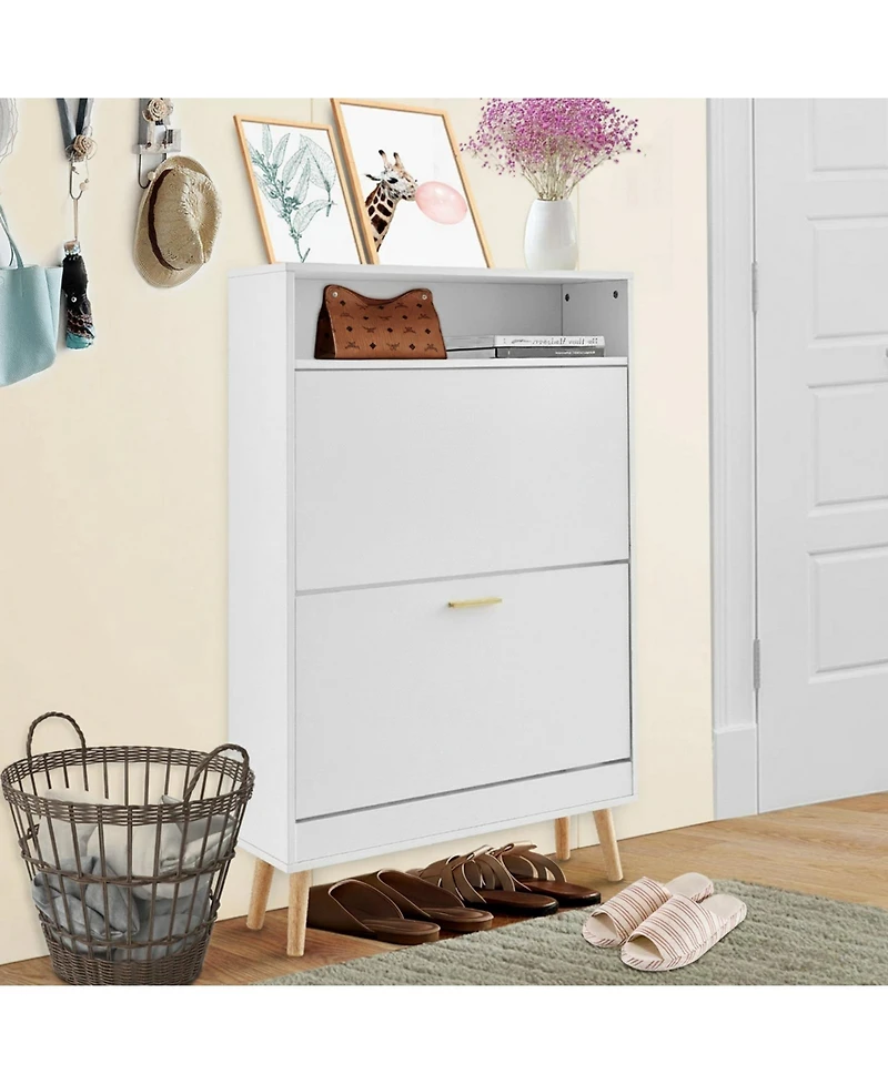 Gouun Slim Shoe Cabinet with 2 Flip Drawers and Top Cubby