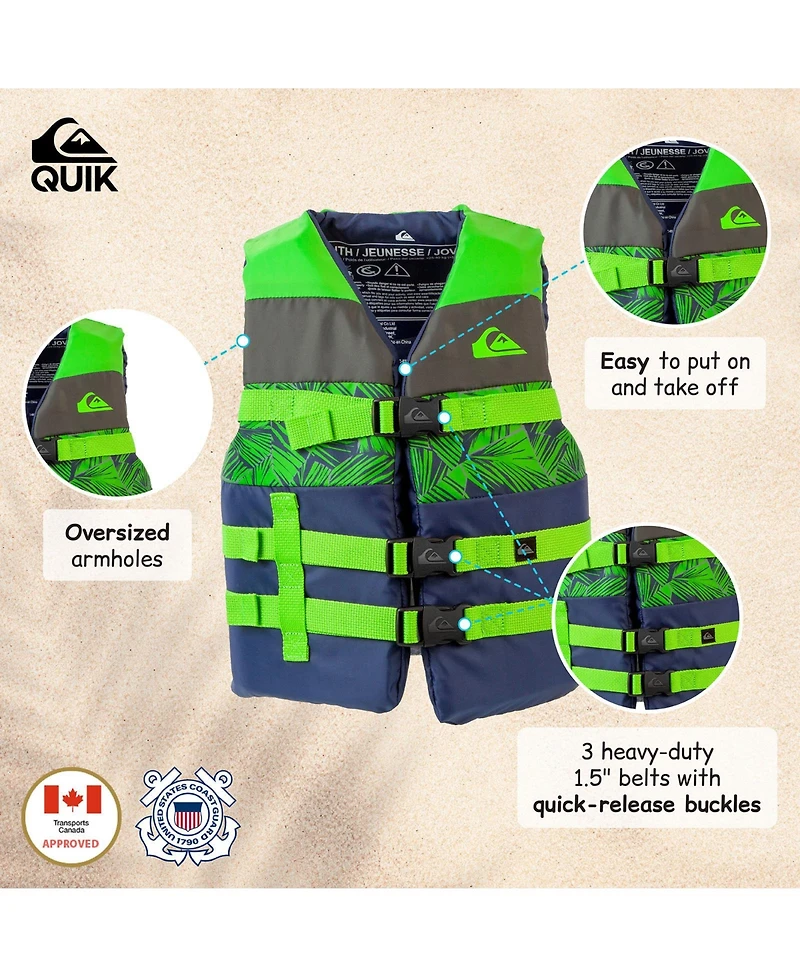 Quiksilver Uscg Approved Teen Life Vest Pfd, Light-Weight Epe Foam, Three Belts with Quick-Release Buckles for Boating Kayaking