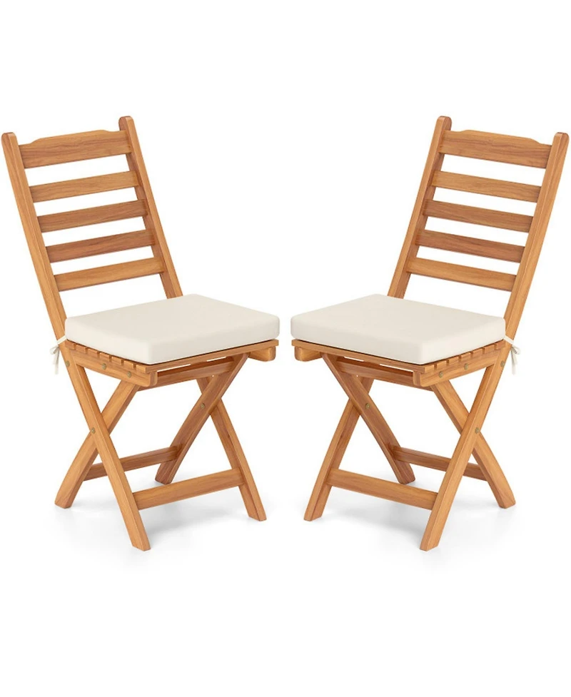 Gouun Set of 2 Folding Acacia Wood Patio Dining Chairs with Cushioned Seats