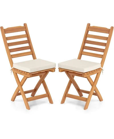 Gouun Set of 2 Folding Acacia Wood Patio Dining Chairs with Cushioned Seats