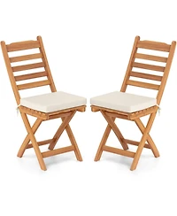 Gouun Set of 2 Folding Acacia Wood Patio Dining Chairs with Cushioned Seats